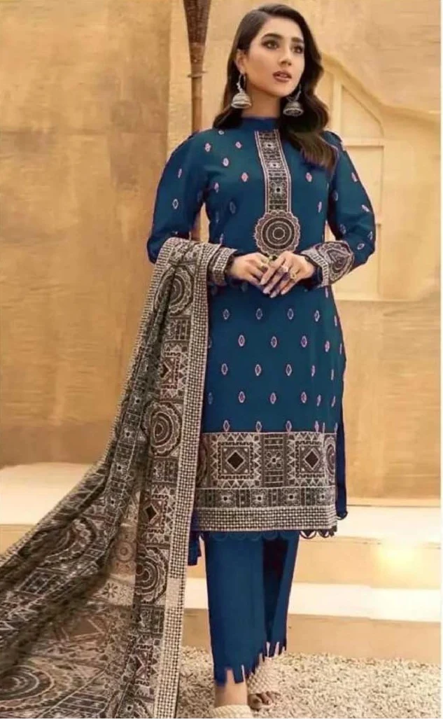 3PC UNSTITCHED DHANAK SUIT – EMBROIDERED SHIRT WITH DHANAK EMBROIDERED SHAWL & EMBROIDERED DUPATTA | IR-1134