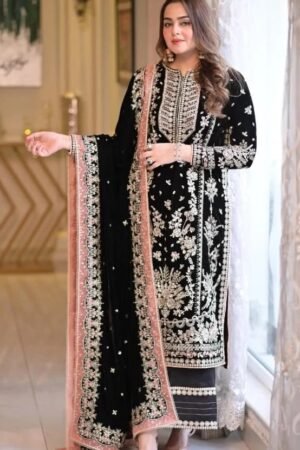 3-PIECE UNSTITCHED EMBROIDERED DHANAK SUIT WITH MATCHING DHANAK SHAWL